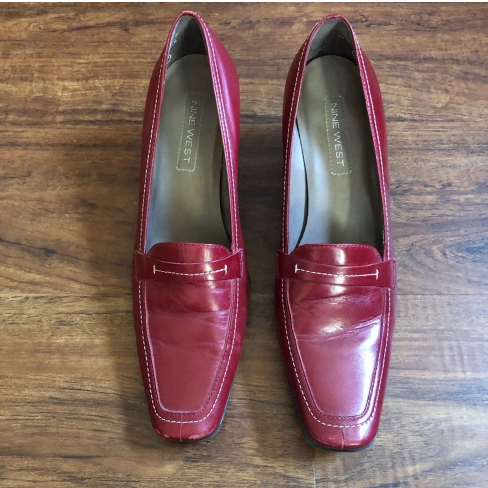 Nine West Red Leather Heels with Contrast Stitching